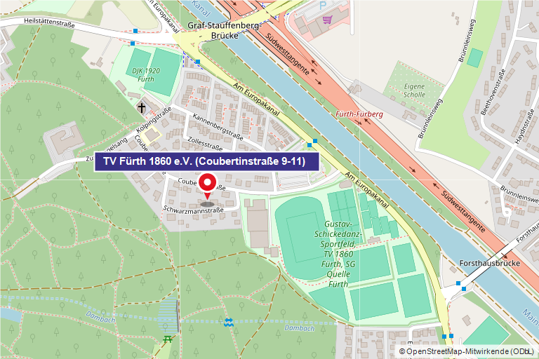 Lageplan TV Fürth 1860 e.V., Coubertinstraße 9-11 (OpenStreetMap)